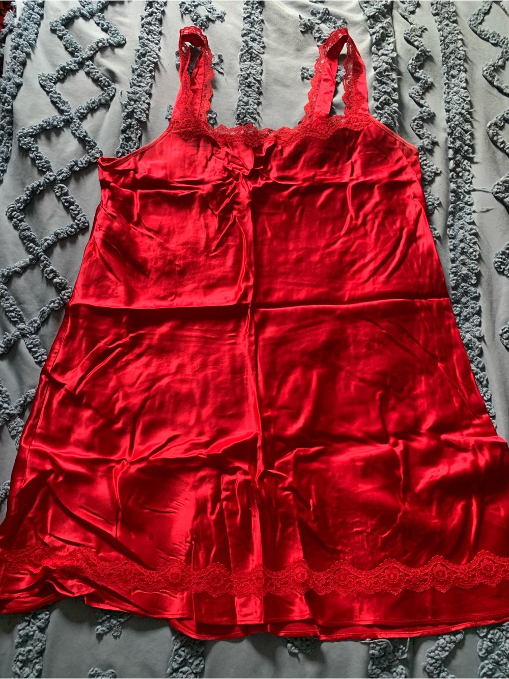 Vintage Olga 100% Silk Red Satin Lace-Trim Chemise Nightgown